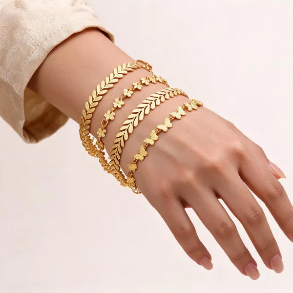 Gold_Brass_Floral_Leaf_Motif_Bracelet_Set_For_Women