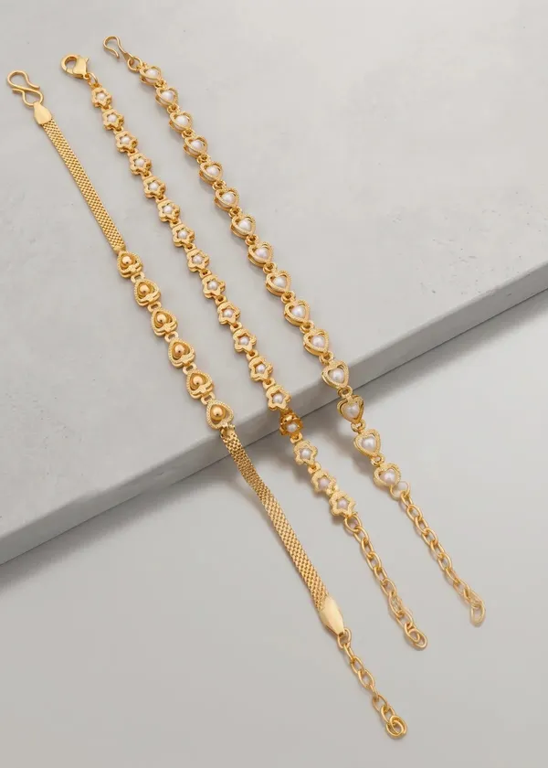 Gold_Brass_Alloy_Floral_Heart_Link_Bracelet_Set_For_Women