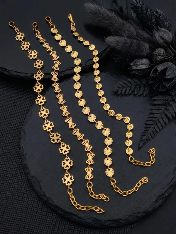 Gold_Brass_Floral_Geometric_Chain_Bracelet_Set_For_Women