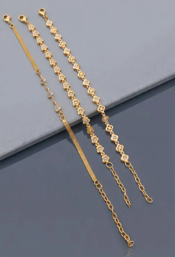 Gold_Brass_Alloy_Geometric_Floral_Link_Bracelet_Set_For_Women