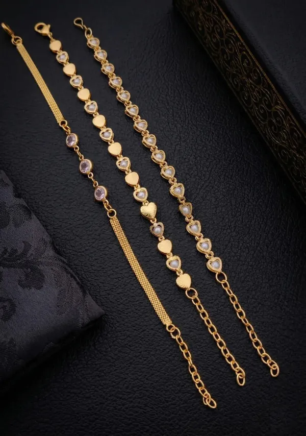 Gold_Brass_Alloy_Heart_Stone_Link_Bracelet_Set_For_Women