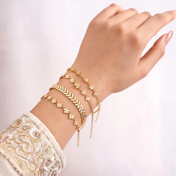 Gold_Brass_Alloy_Floral_Leaf_Waist_Chain_Bracelet_Set_For_Women