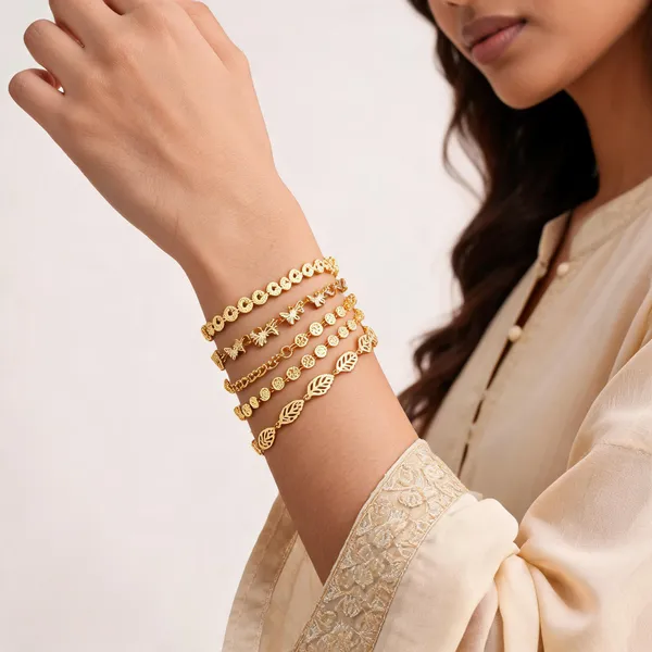 Gold_Brass_Heart_Floral_Charm_Bracelet_Set_For_Women