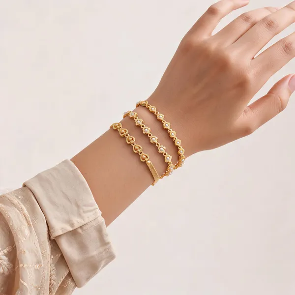 Gold_Brass_Floral_Link_Chain_Bracelet_Set_For_Women