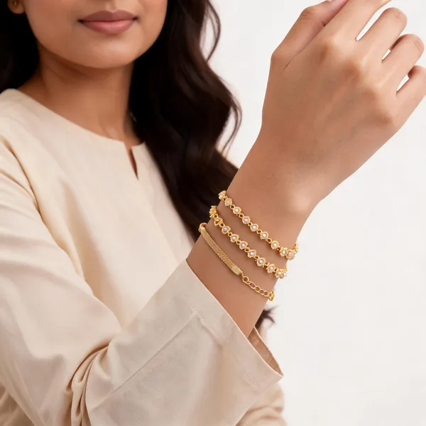 Gold_Brass_Floral_Link_Chain_Bracelet_Set_For_Women