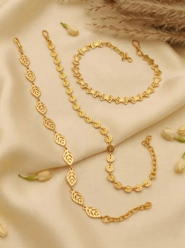 Gold_Brass_Alloy_Leaf_Floral_Bow_Link_Bracelet_Set_For_Women