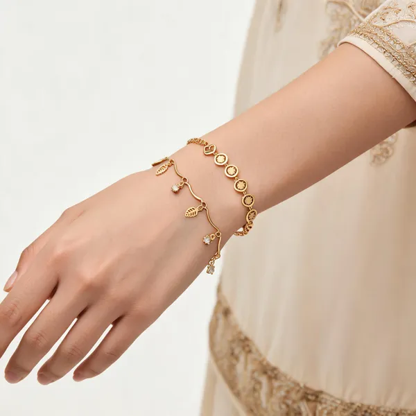 Gold_Brass_Alloy_Heart_Leaf_Charm_Bracelet_Set_For_Women