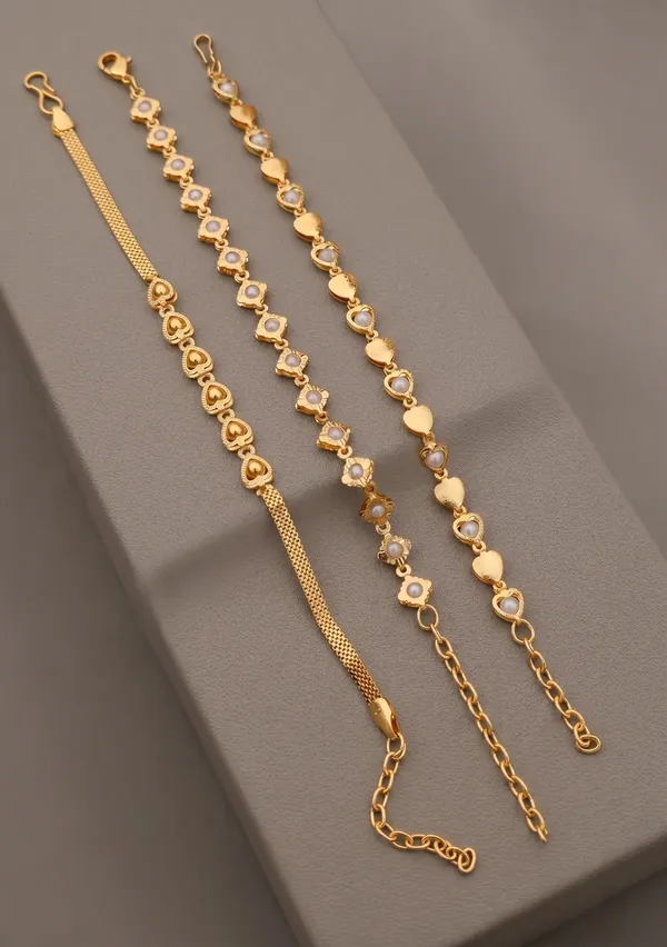 Gold_Brass_Alloy_Floral_Mesh_Link_Bracelet_Set_For_Women