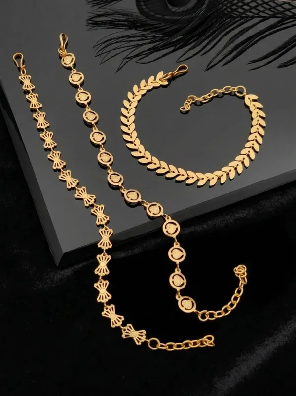 Gold_Brass_Leaf_Geometric_Link_Bracelet_Set_For_Women