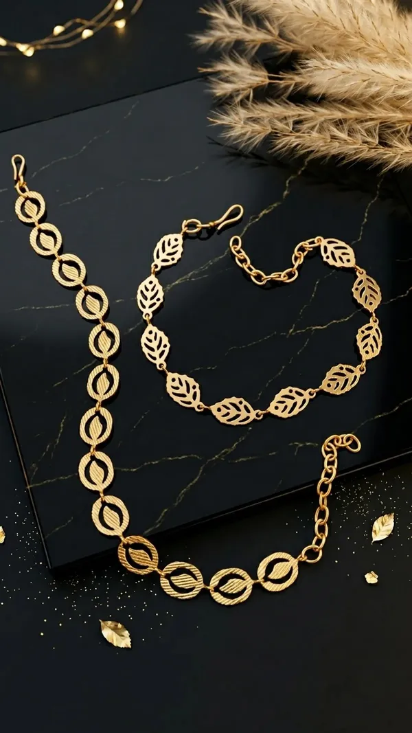 Gold_Brass_Alloy_Leaf_Link_Necklace_Bracelet_Set_For_Women