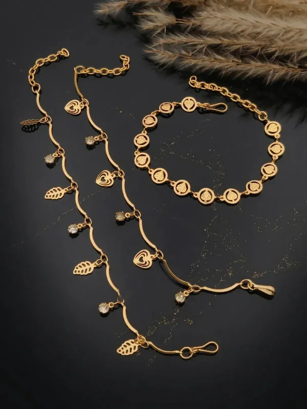 Gold_Brass_Alloy_Heart_Leaf_Charm_Bracelet_Set_For_Women