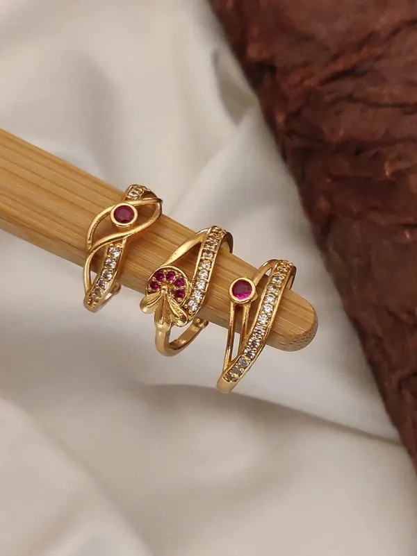 Gold_Brass_Red_Stone_Leaf_Statement_Ring_Set_For_Women
