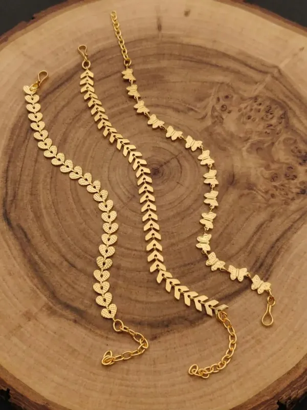 Gold_Brass_Leaf_Chevron_Floral_Charm_Anklet_Set_For_Women