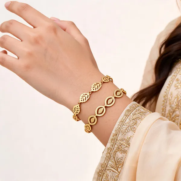 Gold_Brass_Alloy_Leaf_Link_Necklace_Bracelet_Set_For_Women