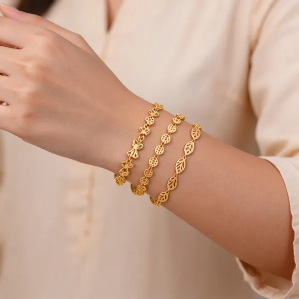 Gold_Brass_Alloy_Leaf_Floral_Bow_Link_Bracelet_Set_For_Women