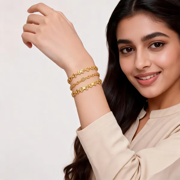 Gold_Brass_Alloy_Leaf_Floral_Bow_Link_Bracelet_Set_For_Women