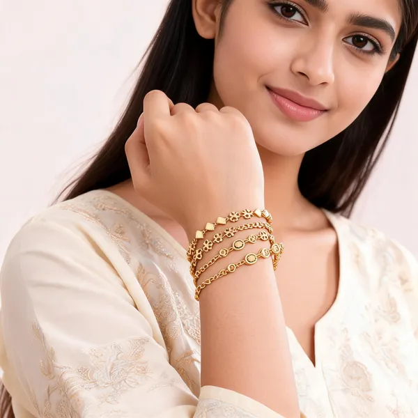 Gold_Brass_Floral_Geometric_Link_Bracelet_Set_For_Women