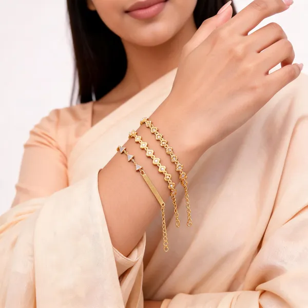 Gold_Brass_Floral_Pink_Accent_Chain_Bracelet_Set_For_Women