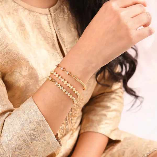 Gold_Brass_Floral_Pink_Accent_Chain_Bracelet_Set_For_Women
