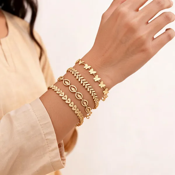 Gold_Brass_Gold_Plated_Mixed_Motif_Chain_Bracelet_Set_For_Women