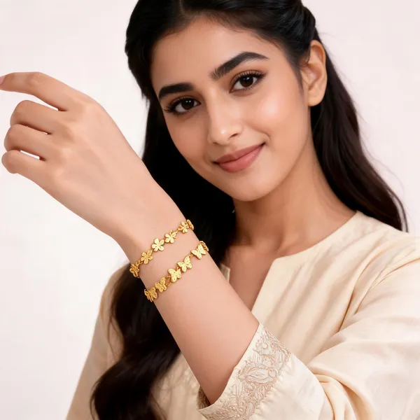 Gold_Brass_Floral_Butterfly_Chain_Bracelet_Pair_For_Women