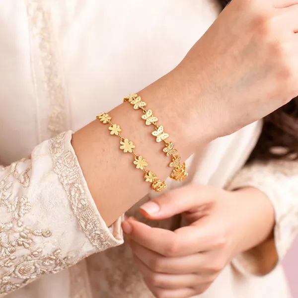 Gold_Brass_Floral_Butterfly_Chain_Bracelet_Pair_For_Women