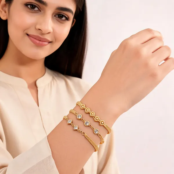 Gold_Brass_Gold_Plated_Crystal_Heart_Link_Bracelet_Set_For_Women