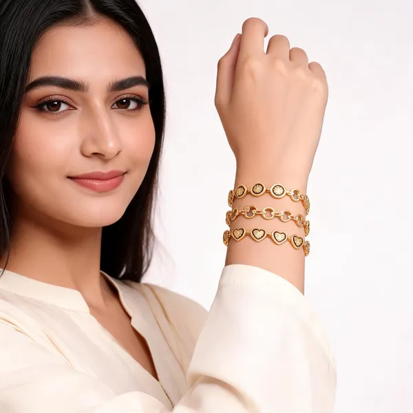 Gold_Brass_Alloy_Heart_Round_Link_Bracelet_Set_For_Women