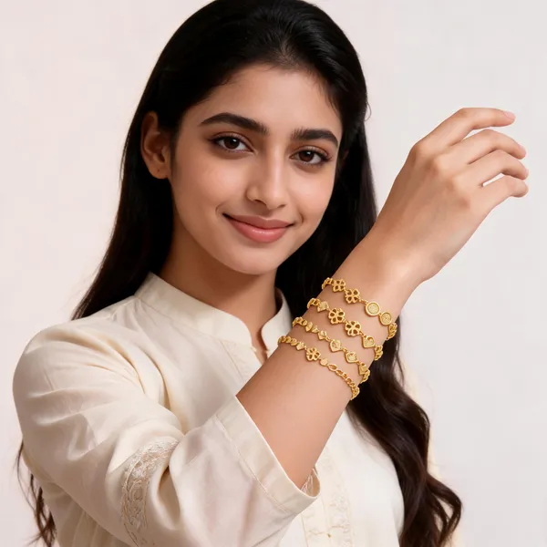Gold_Brass_Alloy_Floral_Heart_Charm_Bracelet_Set_For_Women