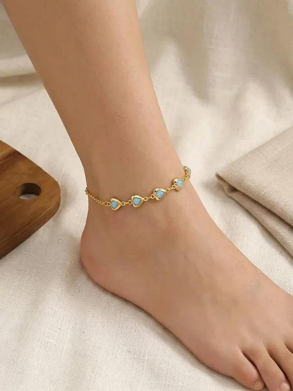Gold_Brass_Blue_Heart_Charm_Anklet_Set_For_Women