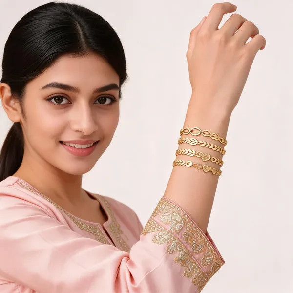 Gold_Brass_Layered_Leaf_Chevron_Waist_Chain_Bracelet_Set_For_Women