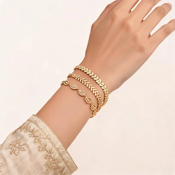 Gold_Brass_Layered_Leaf_Chevron_Waist_Chain_Bracelet_Set_For_Women