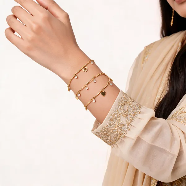 Gold_Brass_Gold-Plated_Heart_Leaf_Charm_Bracelet_Pair_For_Women