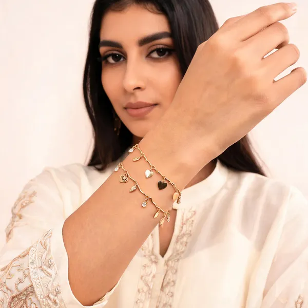 Gold_Brass_Gold-Plated_Heart_Leaf_Charm_Bracelet_Pair_For_Women