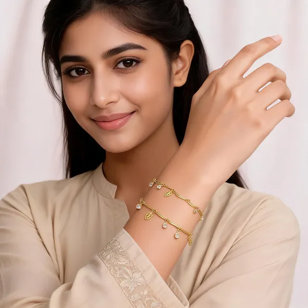 Gold_Brass_Alloy_Floral_Leaf_Charm_Bracelet_Set_For_Women