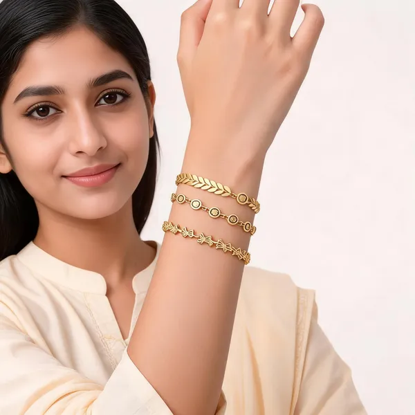 Gold_Brass_Leaf_Geometric_Link_Bracelet_Set_For_Women