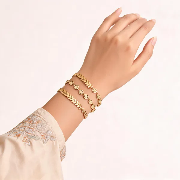Gold_Brass_Leaf_Geometric_Link_Bracelet_Set_For_Women