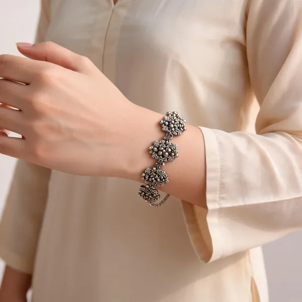 Silver_Oxidised_Brass_Floral_Link_Bracelet_For_Women