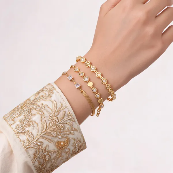 Gold_Brass_Heart_Floral_Link_Bracelet_Set_For_Women