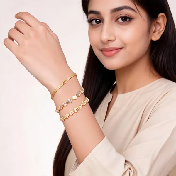 Gold_Brass_Heart_Floral_Link_Bracelet_Set_For_Women