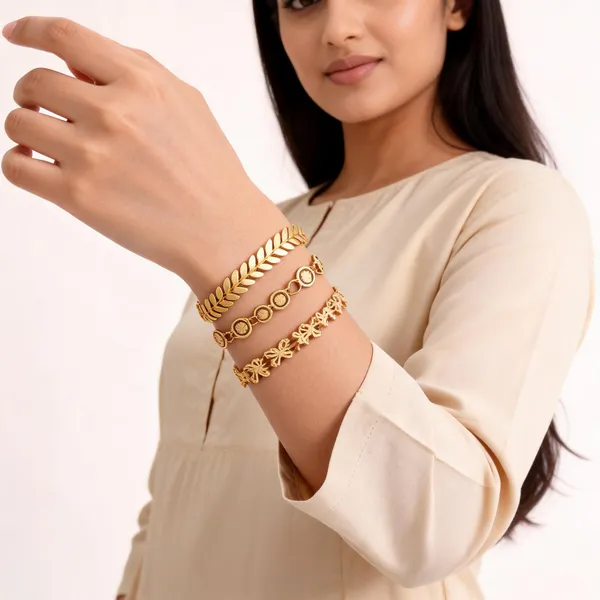 Gold_Brass_Floral_Leaf_Link_Chain_Bracelet_Set_For_Women