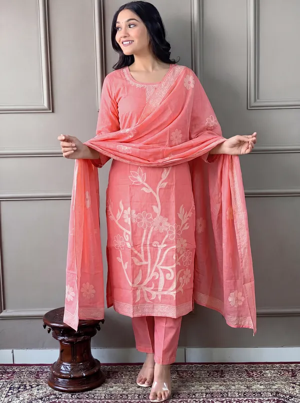 Peach_Cotton_Straight_Embroidered_Kurta_Set_For_Women