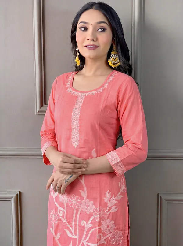 Peach_Cotton_Straight_Embroidered_Kurta_Set_For_Women