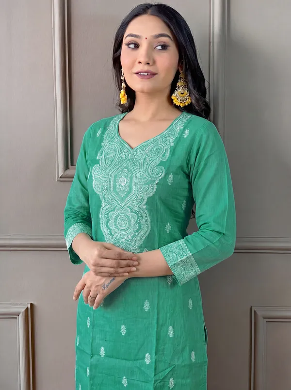 Green_Cotton_Straight_Embroidered_Kurta_Set_For_Women