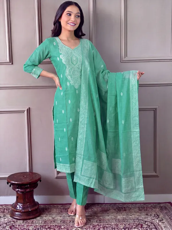 Green_Cotton_Straight_Embroidered_Kurta_Set_For_Women