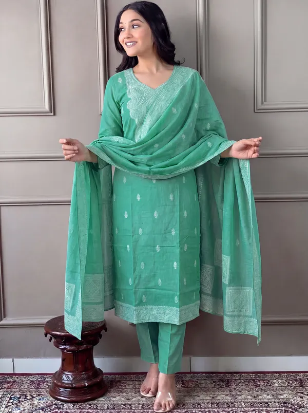 Green_Cotton_Straight_Embroidered_Kurta_Set_For_Women