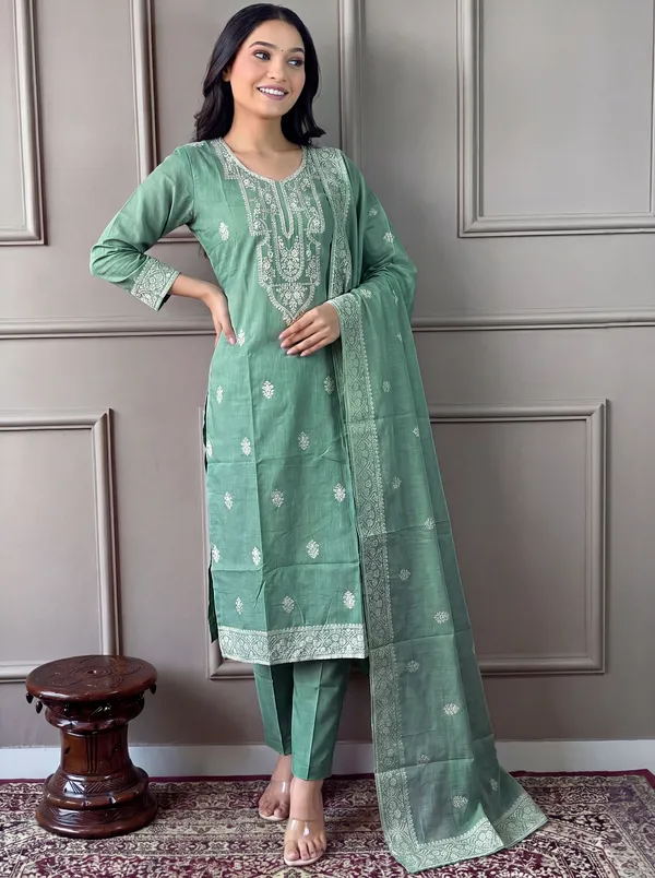 Green_Cotton_Straight_Embroidered_Kurta_Set_For_Women
