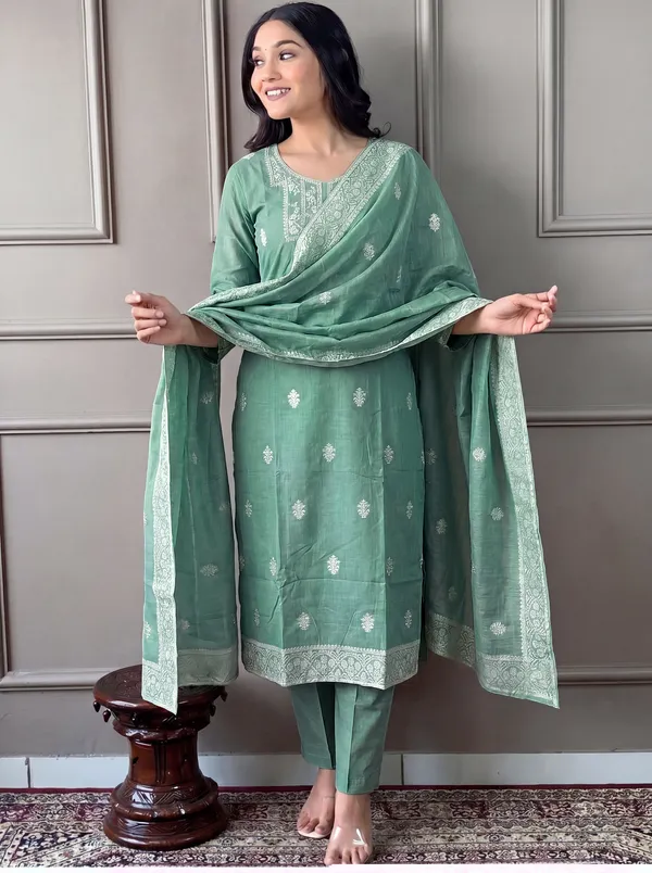 Green_Cotton_Straight_Embroidered_Kurta_Set_For_Women