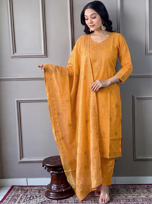 Yellow_Cotton_Straight_Embroidered_Kurta_Set_For_Women