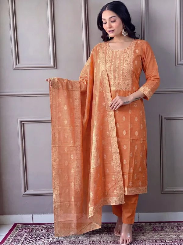 Orange_Cotton_Straight_Embroidered_Kurta_Set_For_Women